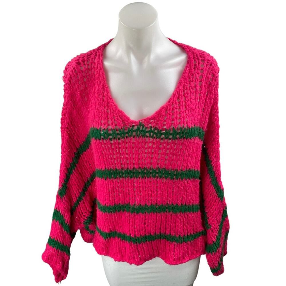 Moment Pink Green Wool Crochet Knit Striped Long Sleeve V Neck Sweater Size S